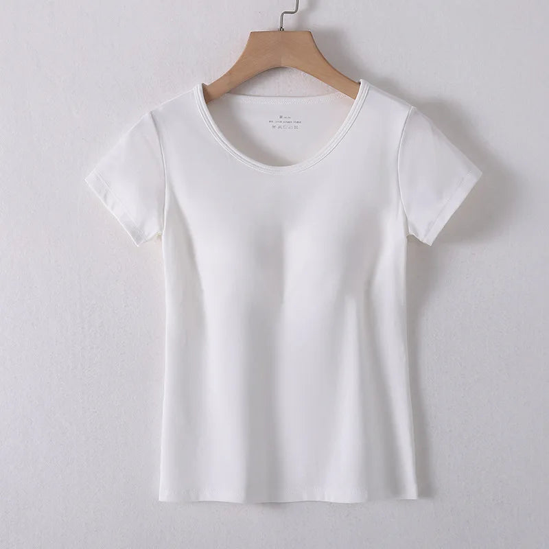 Cotton T-Shirt Tshirt with Built In Bra Top
