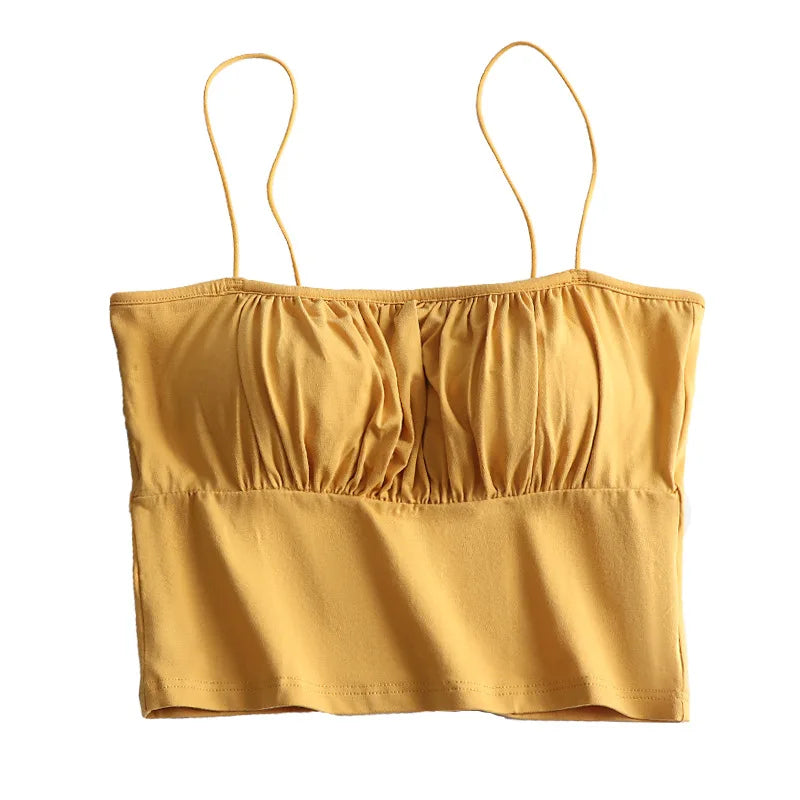 Ruffle Spaghetti Strap Singlet Crop Top with Built In Bra