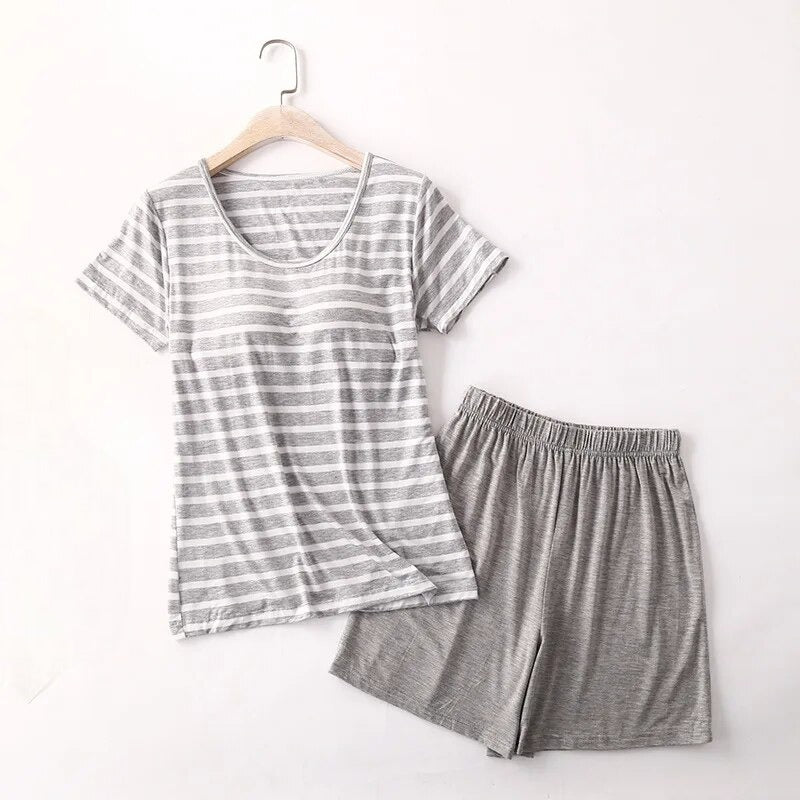 Two Piece Loungewear Pyjamas with Built in Bra Striped T-Shirt and Shorts