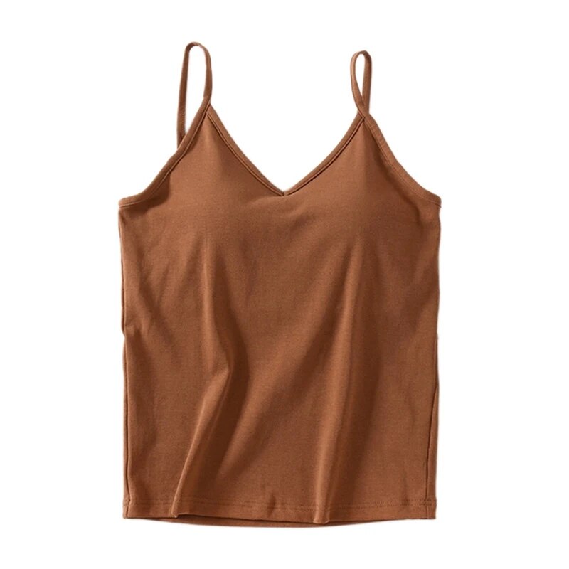 Singlet Top with Built in Bra Camisole V-neck with Inbuilt Bra Cotton