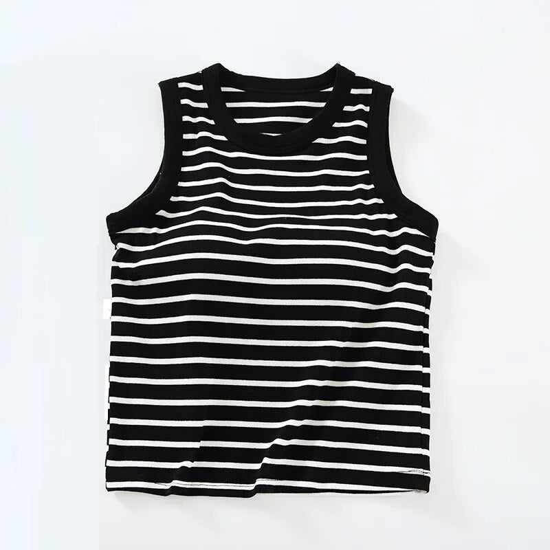 Summer Crop Tops with Built In Bra Knitted Striped Cotton