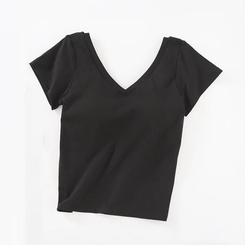 V Neck Crop T-Shirt Casual with Built In Bra Top Padding Cotton