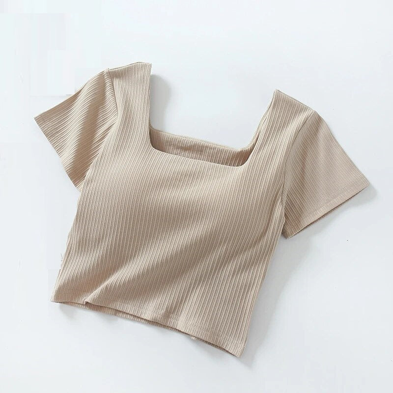 T Shirt Crop Bra Top with Built In Bra Cotton