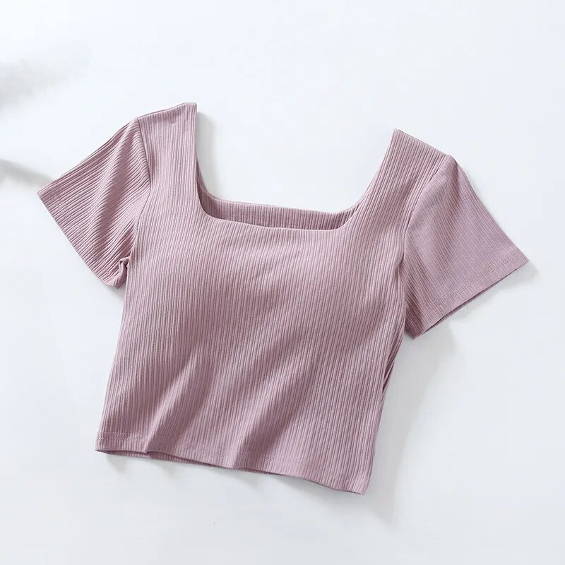 T Shirt Crop Bra Top with Built In Bra Cotton