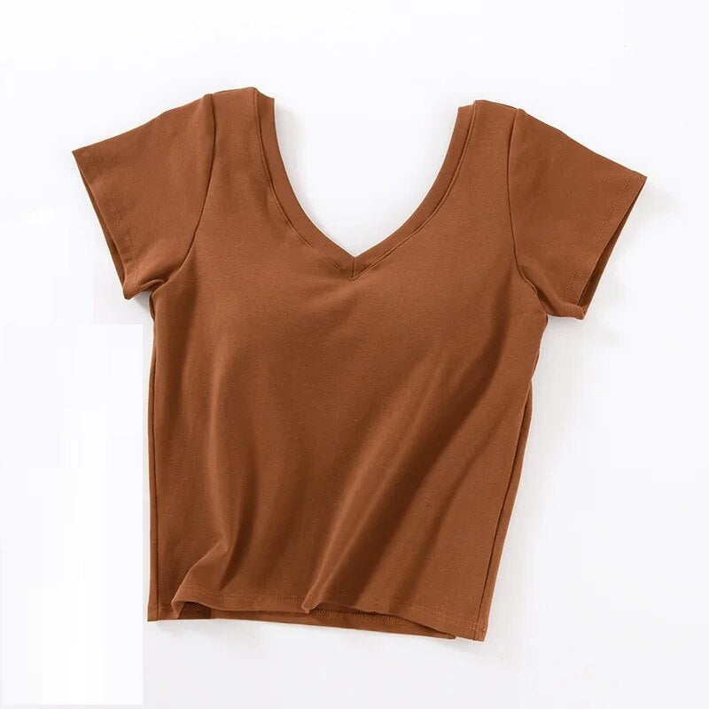 V Neck Crop T-Shirt Casual with Built In Bra Top Padding Cotton