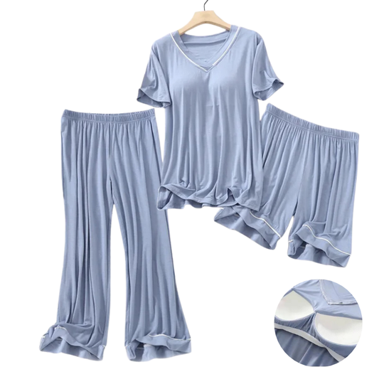V-Neck Built-in-Bra 3 Piece Pyjama Set - Pants, Shorts and Top