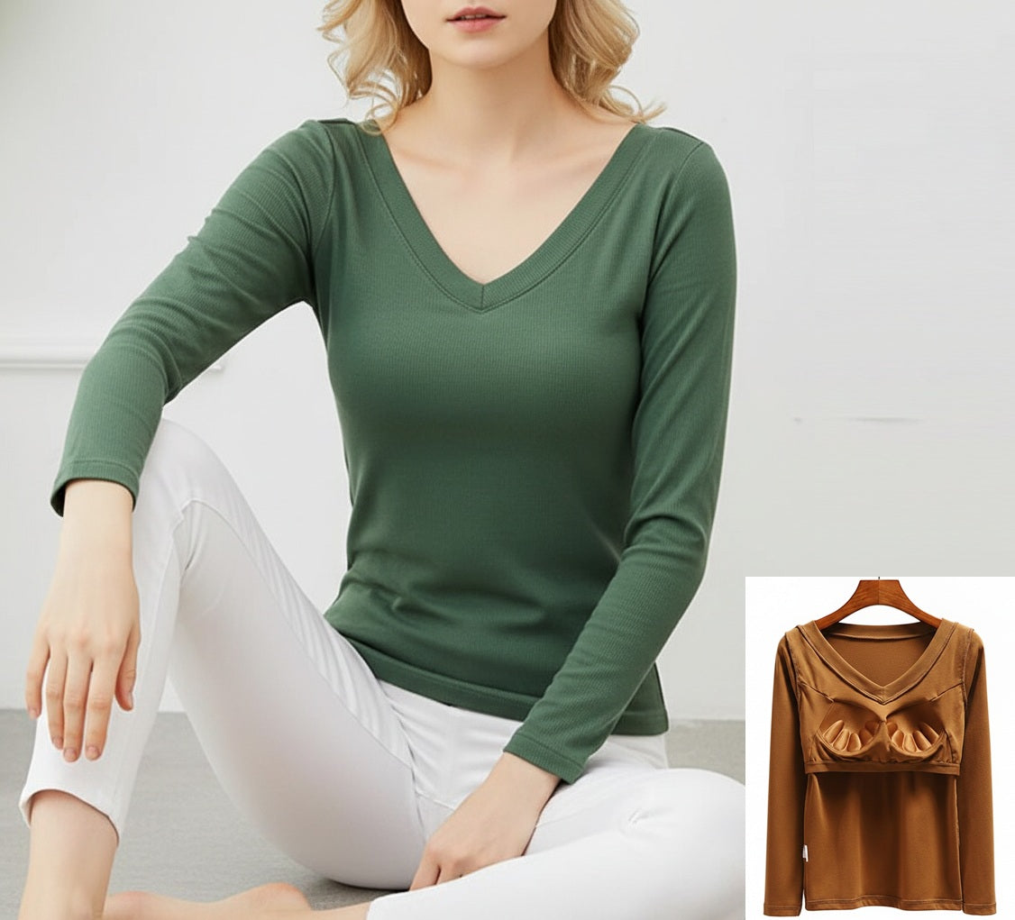 Long Sleeve Top With Built In Bra V Neck Cotton