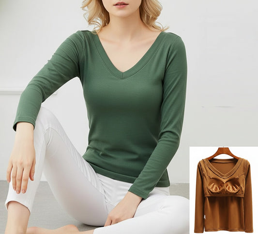 Long Sleeve Top With Built In Bra V Neck Cotton