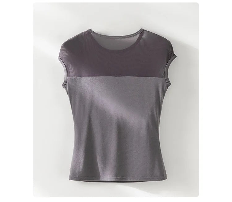 Built In Bra T-Shirt Top with Sheer Mesh Panel