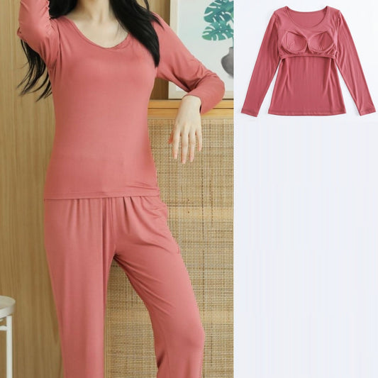 Two Piece Long Sleeve with Built In Bra Loungewear Pyjamas