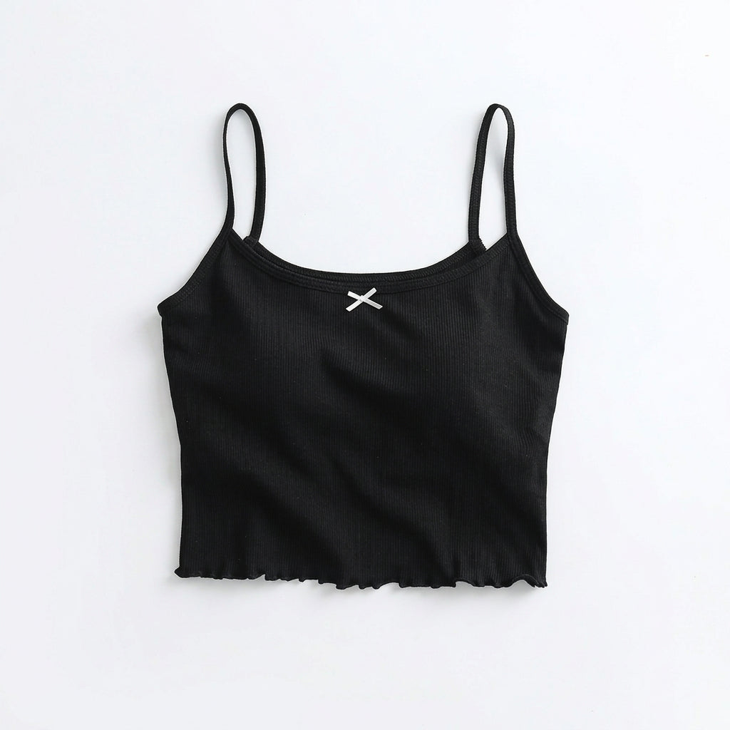 Spaghetti Strap Lace Ruffle Edge Crop Top with Built-In Bra
