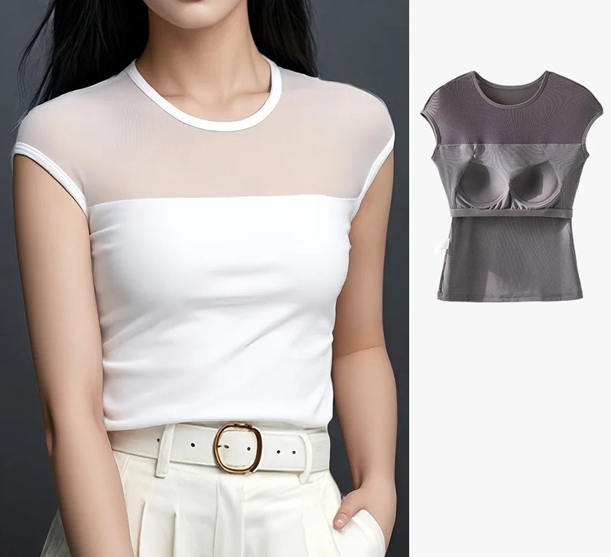Built-In Bra T-Shirt Top with Sheer Mesh Panel