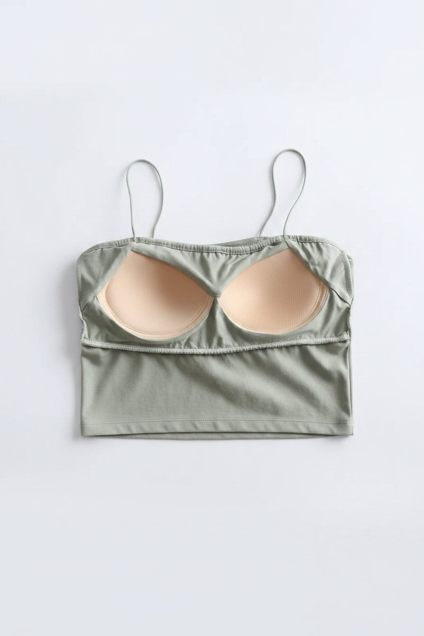 Ruffle Spaghetti Strap Singlet Crop Top with Built In Bra