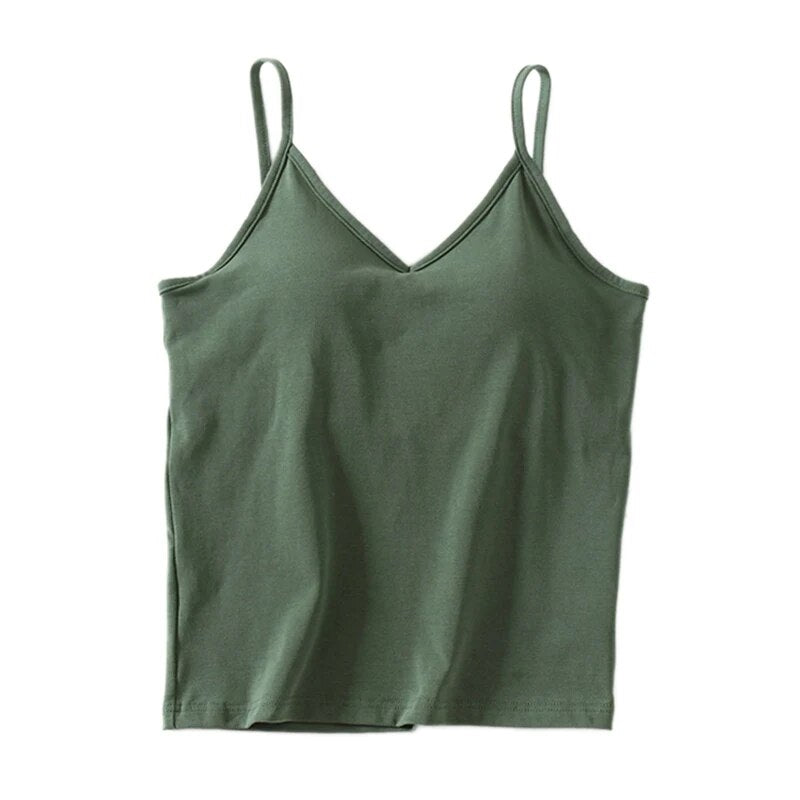 Singlet Top with Built in Bra Camisole V-neck with Inbuilt Bra Cotton