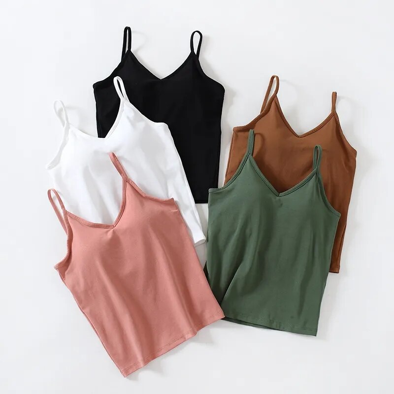 Singlet Top with Built in Bra Camisole V-neck with Built In Bra Cotton