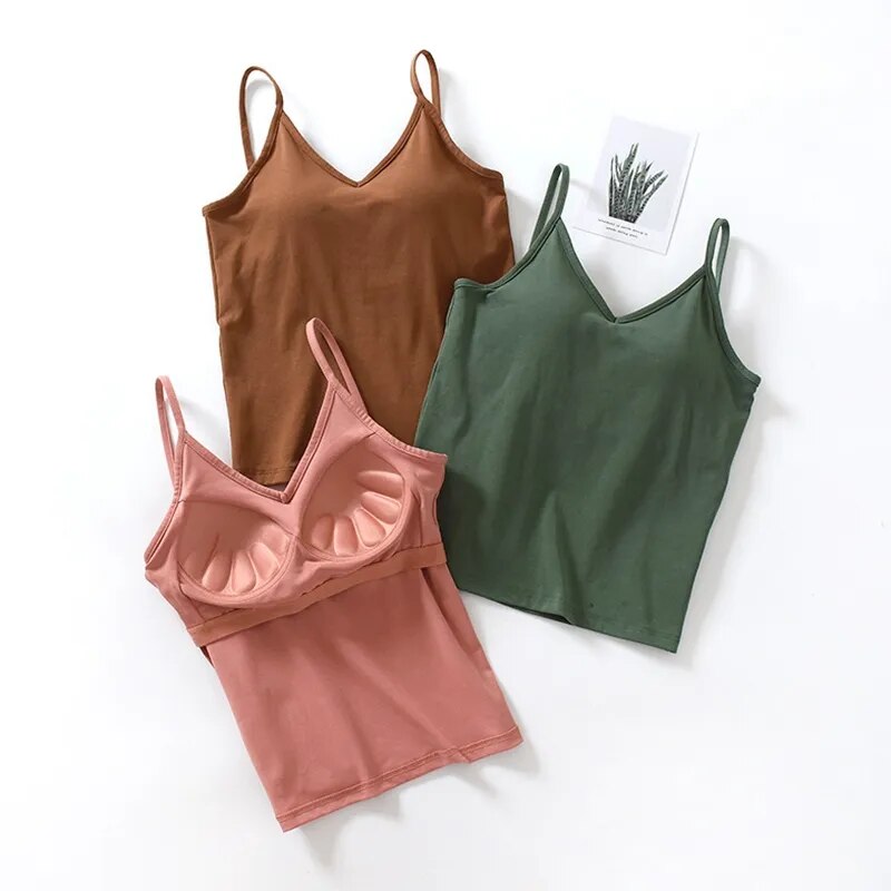 Singlet Top with Built in Bra Camisole V-neck with Built In Bra Cotton