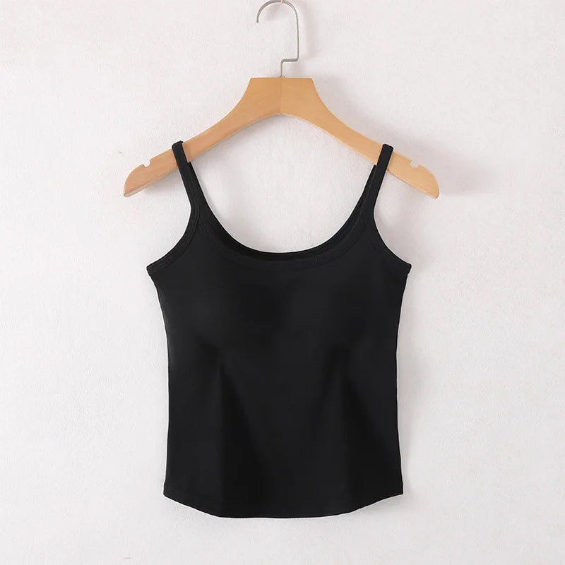 Cotton Singlet Cami Top with Built in Bra Camisole Spaghetti Straps