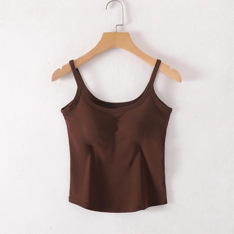 Cotton Singlet Cami Top with Built in Bra Camisole Spaghetti Straps