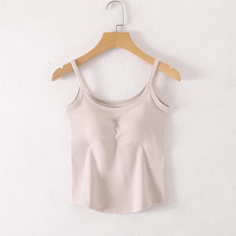 Cotton Singlet Cami Top with Built in Bra Camisole Spaghetti Straps
