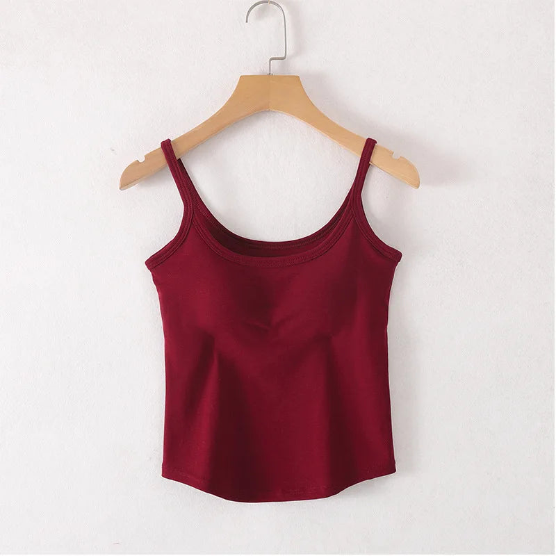 Cotton Singlet Cami Top with Built in Bra Camisole Spaghetti Straps