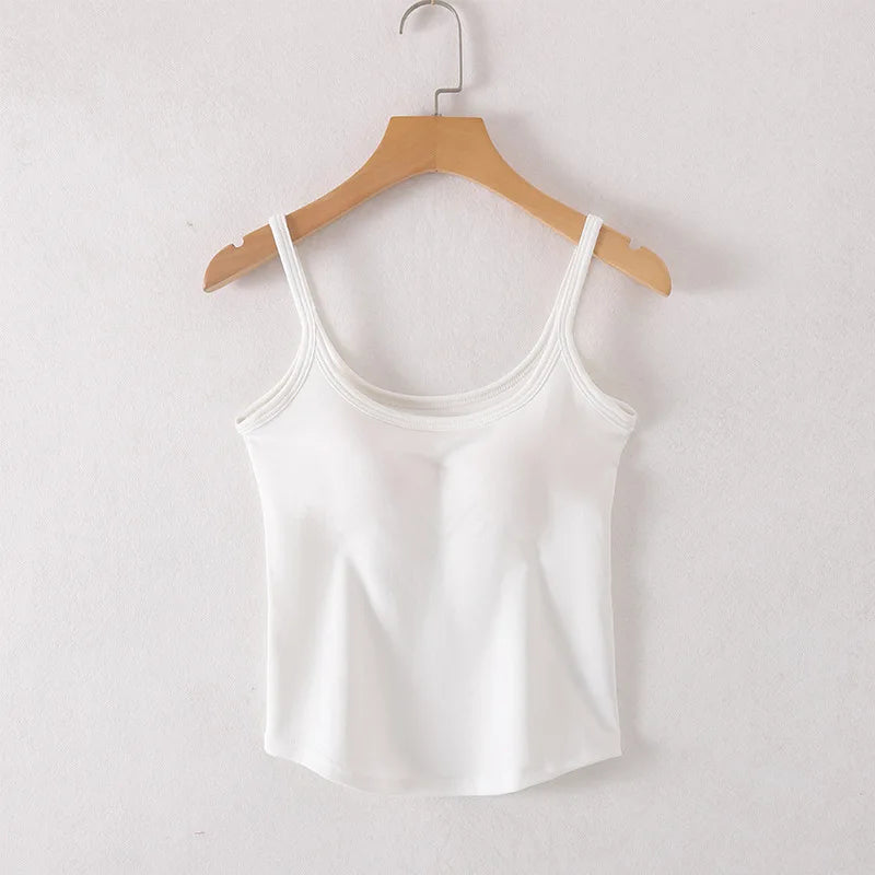 Cotton Singlet Cami Top with Built in Bra Camisole Spaghetti Straps