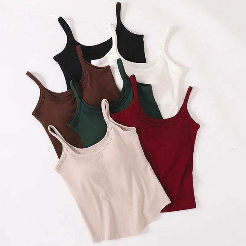 Cotton Singlet Cami Top with Built in Bra Camisole Spaghetti Straps