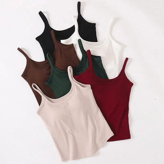 Cotton Singlet Cami Top with Built in Bra Camisole Spaghetti Straps