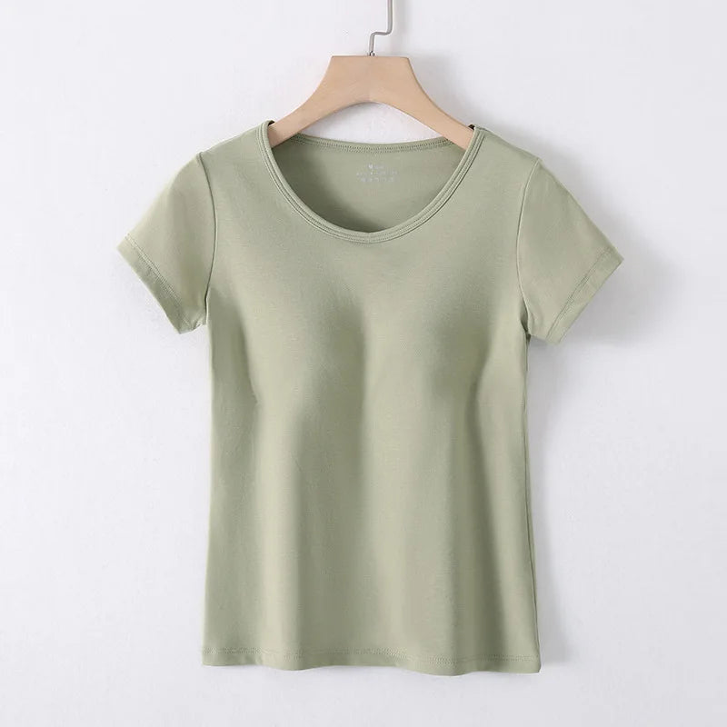 Cotton T-Shirt Tshirt with Built In Bra Top
