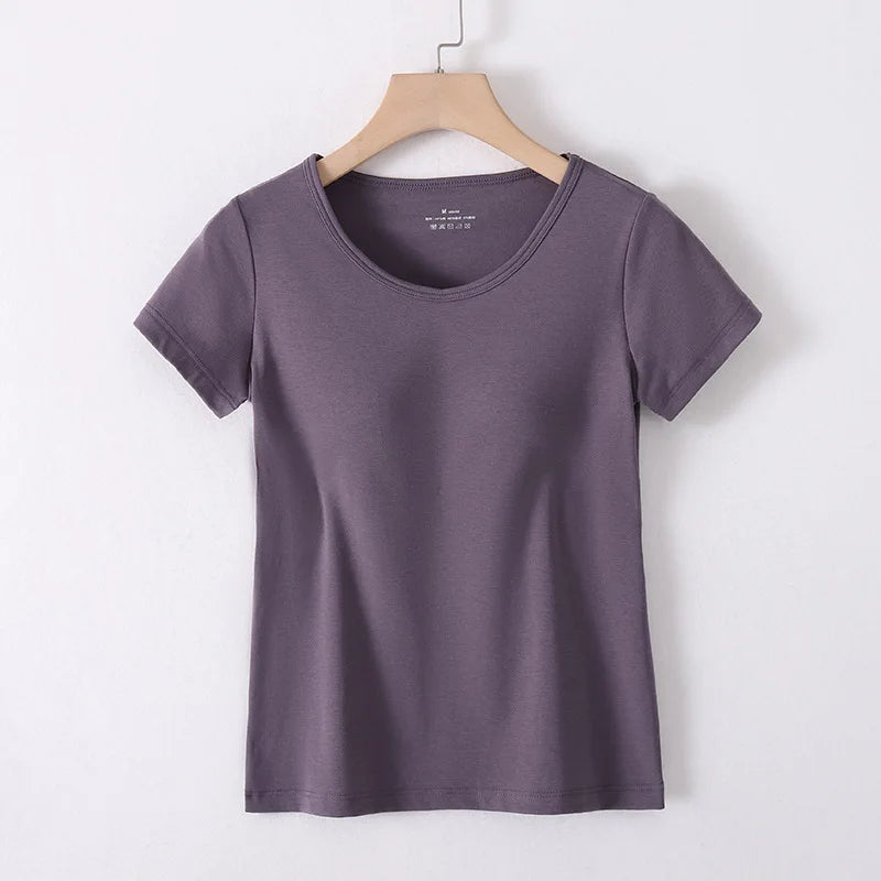 Cotton T-Shirt Tshirt with Built In Bra Top