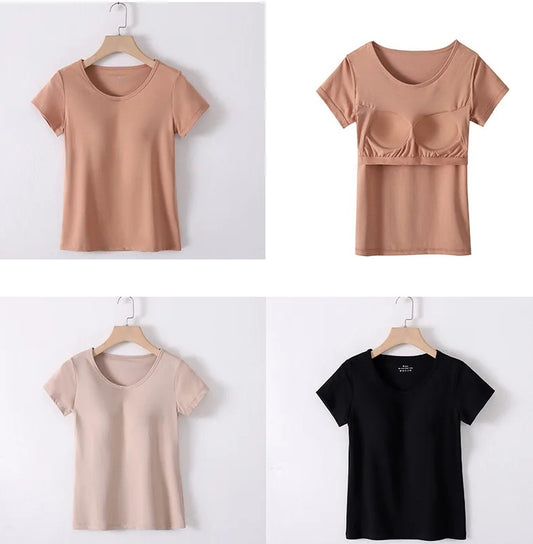 Cotton T-Shirt Tshirt with Built In Bra Top