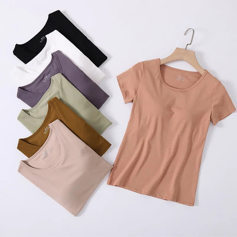 Cotton T-Shirt Tshirt with Built In Bra Top