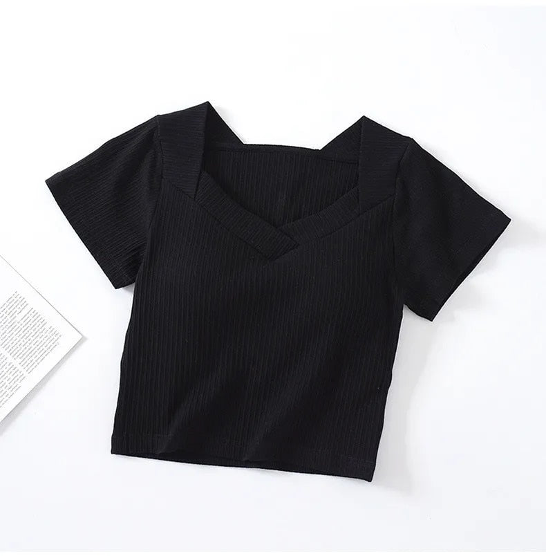 Crop Top V Neck T-Shirt with Built In Bra Cotton