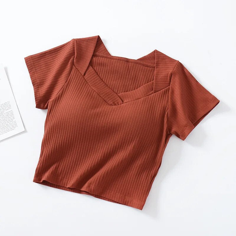 Crop Top V Neck T-Shirt with Built In Bra Cotton