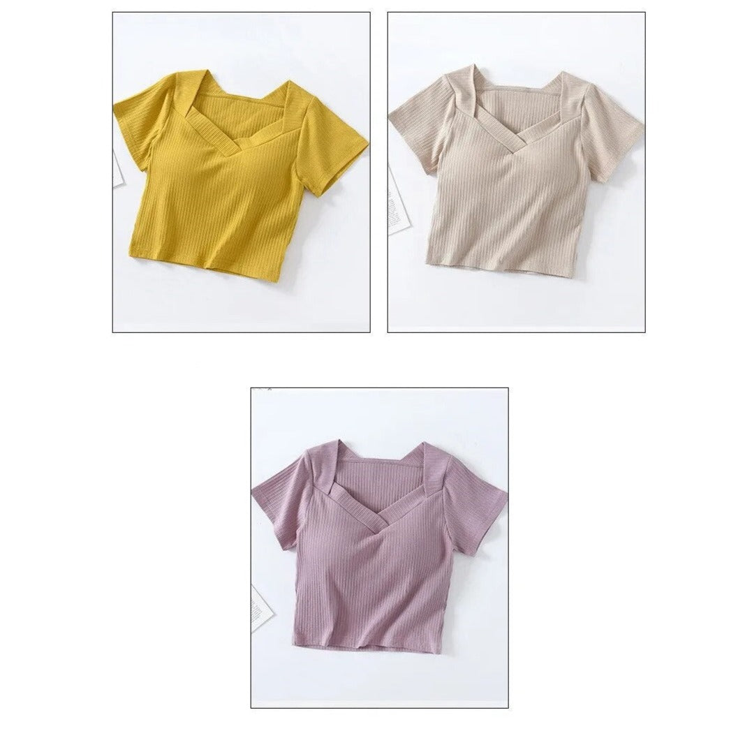 Crop Top V Neck T-Shirt with Built In Bra Cotton