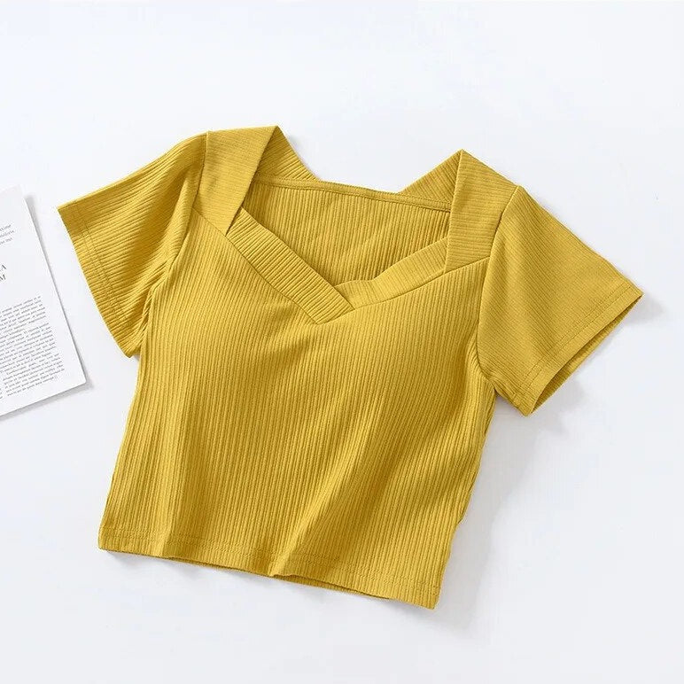 Crop Top V Neck T-Shirt with Built In Bra Cotton