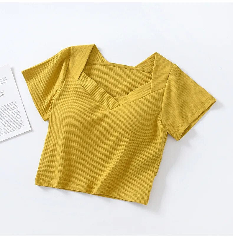 Crop Top V Neck T-Shirt with Built In Bra Cotton