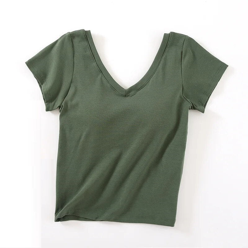 V Neck Crop T-Shirt Casual with Built In Bra Top Padding Cotton