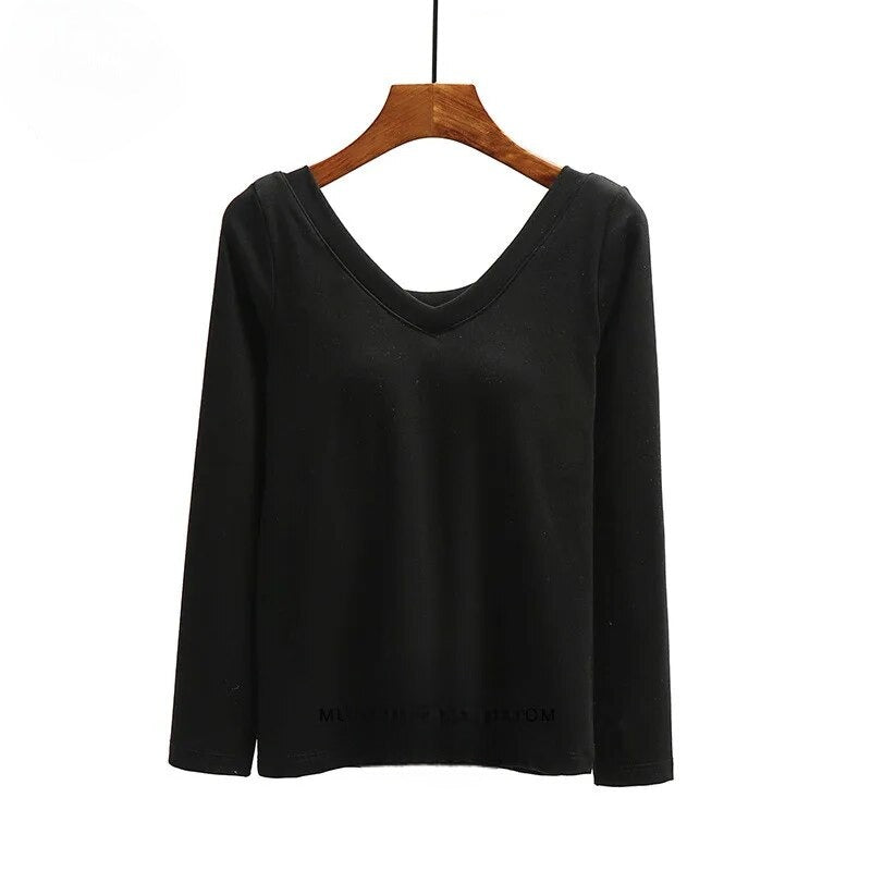 Long Sleeve Top With Built In Bra V Neck Cotton