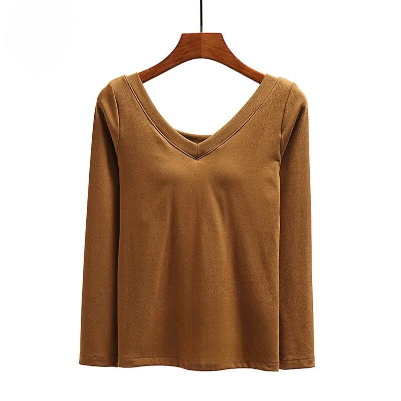 Long Sleeve Top With Built In Bra V Neck Cotton