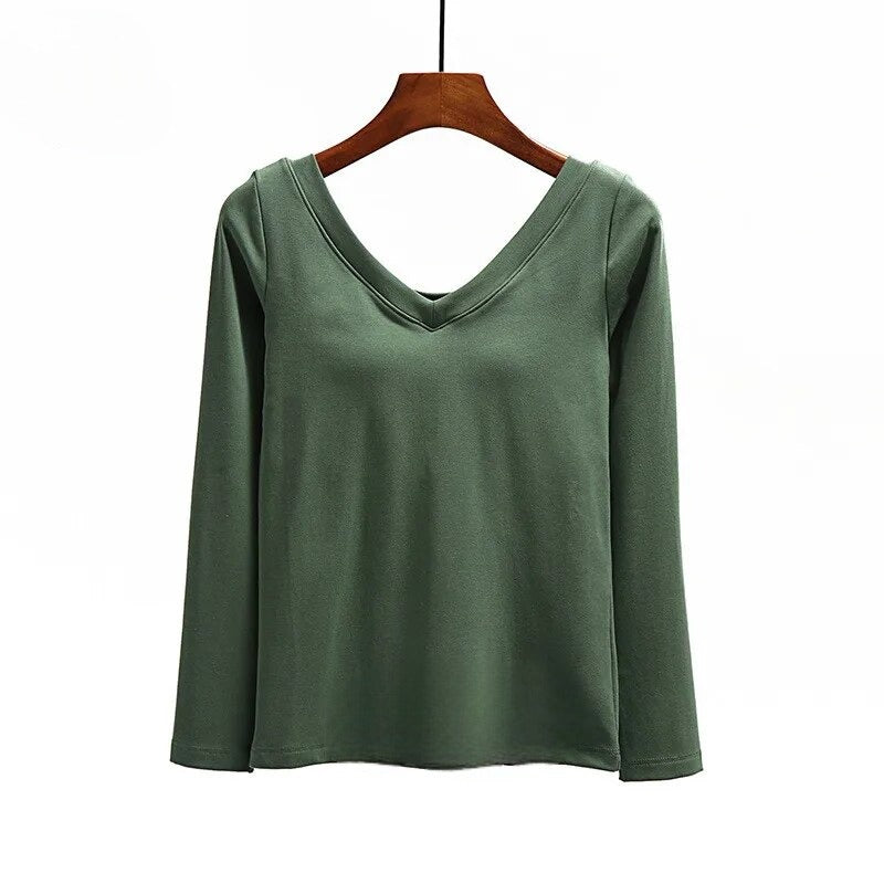 Long Sleeve Top With Built In Bra V Neck Cotton