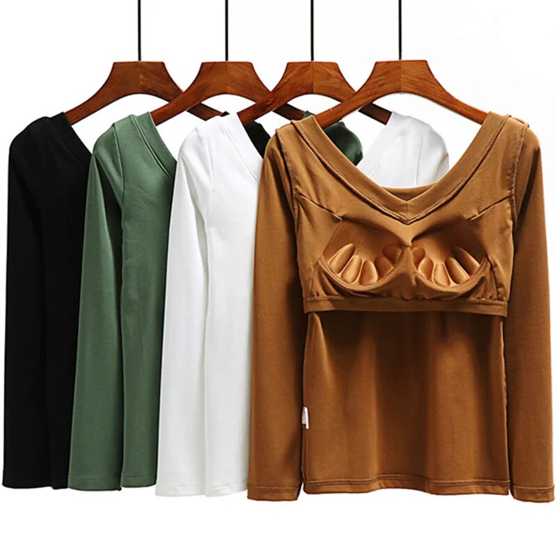 Long Sleeve Top With Built In Bra V Neck Cotton