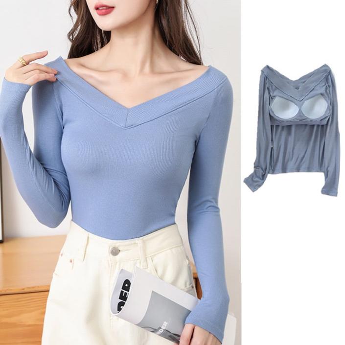 Long Sleeve Off Shoulder Built-in Bra Top