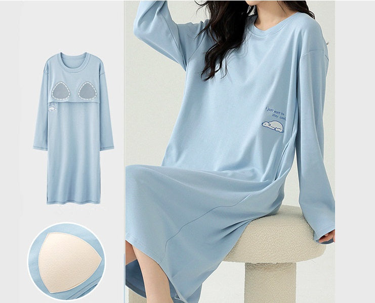 Long Sleeve Nightie with Inbuilt Chest Pads Cute Designs Cotton Plus size available