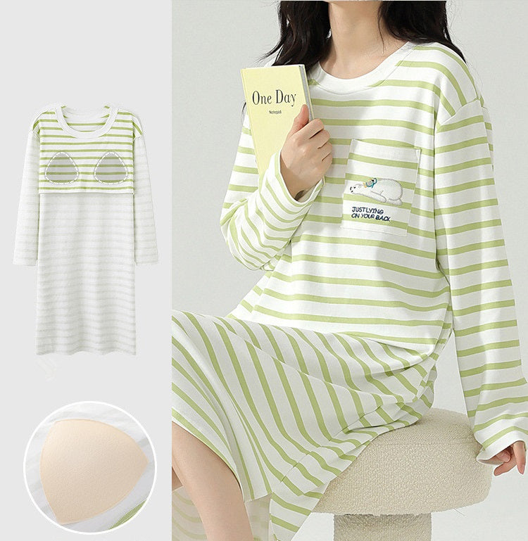 Long Sleeve Nightie with Inbuilt Chest Pads Cute Designs Cotton Plus size available