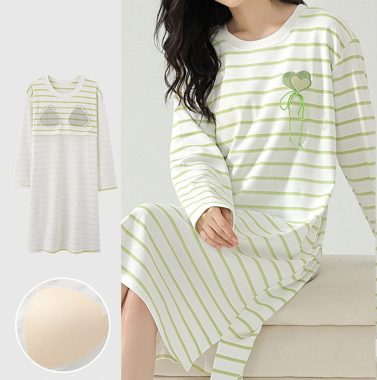 Long Sleeve Nightie with Inbuilt Chest Pads Cute Designs Cotton Plus size available