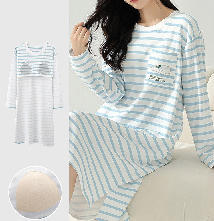 Long Sleeve Nightie with Inbuilt Chest Pads Cute Designs Cotton Plus size available