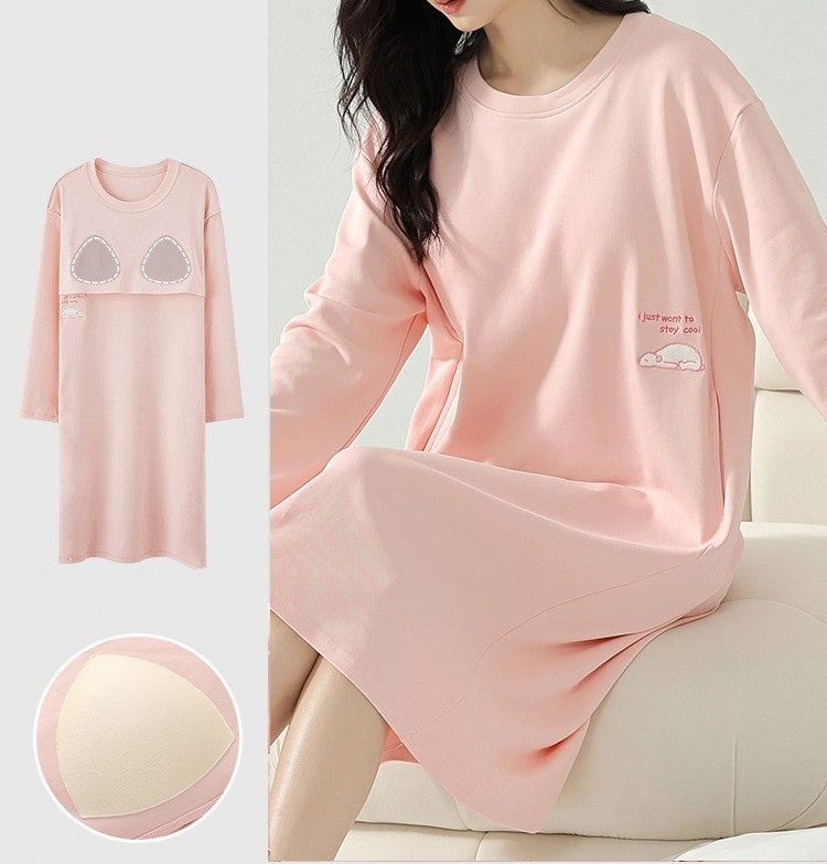 Long Sleeve Nightie with Inbuilt Chest Pads Cute Designs Cotton Plus size available