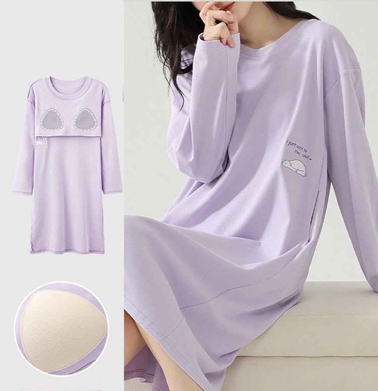 Long Sleeve Nightie with Inbuilt Chest Pads Cute Designs Cotton Plus size available