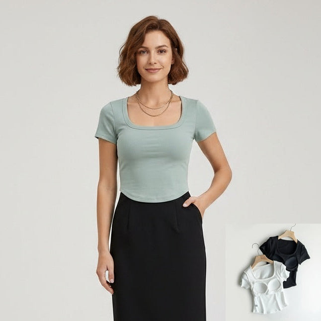 Cotton Scooped Neck Built in Bra T-Shirt Crop Length