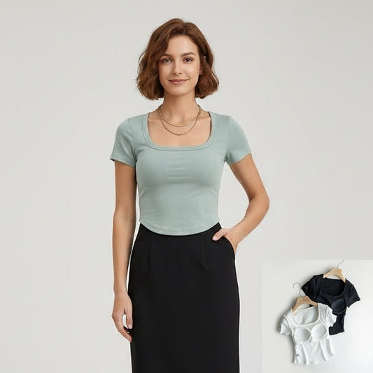Cotton Scooped Neck Built in Bra T-Shirt Crop Length